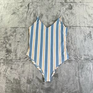 Gaze Striped Bodysuit Womens Sz S Blue White + Mustard Stripes Spaghetti Straps
